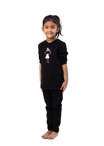 Pajamas For Kids | Black Classy Heavy Cotton  Embroidered Girl Doll