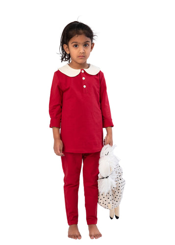Pajamas For Kids | Red Classy Heavy Cotton With Ivory Peter Pan Collar