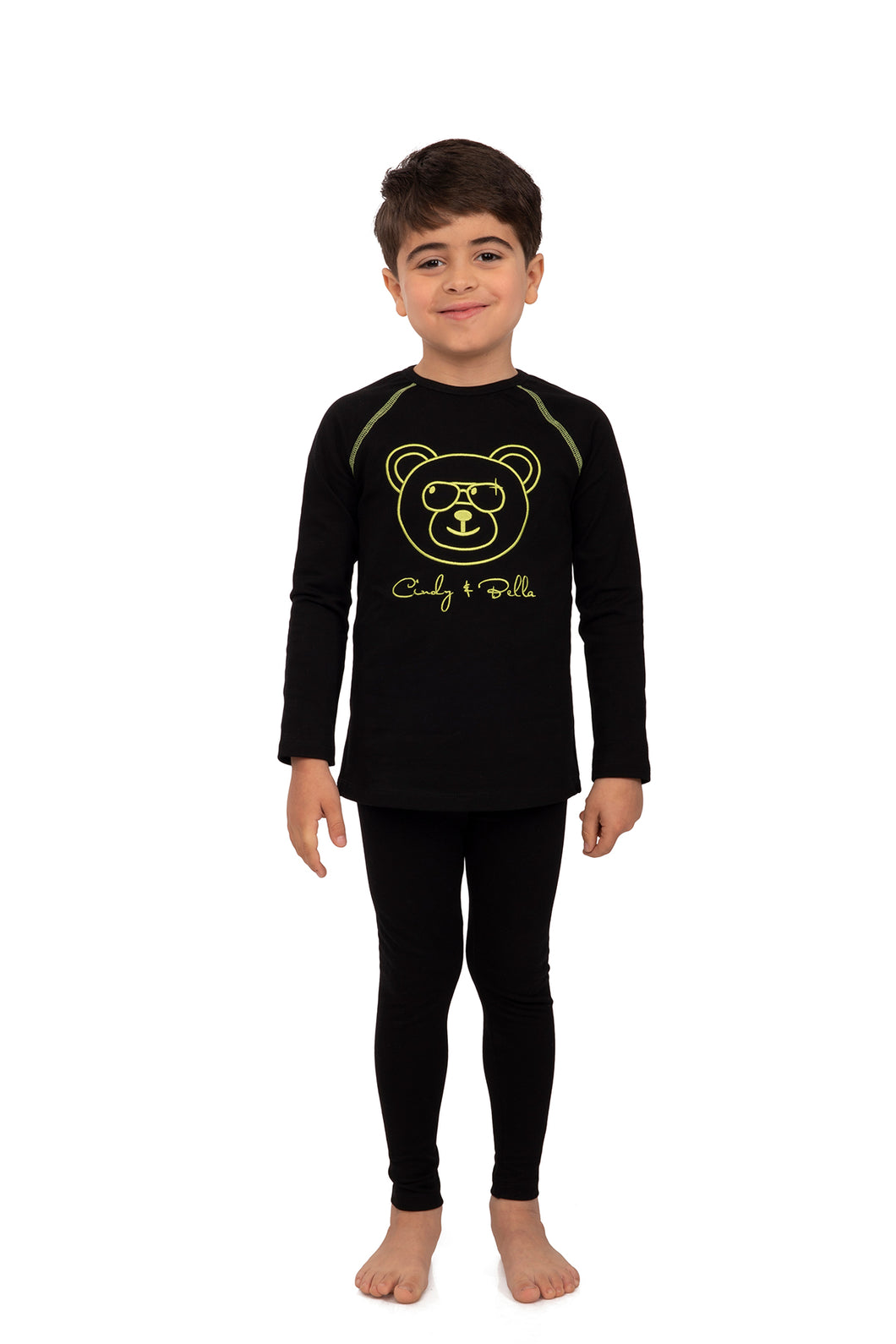 Pajamas For Kids | Black Classy Heavy Cotton Olive Green Embroidered Bear