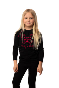 Pajamas For Kids | Black Classy Heavy Cotton Hot Pink Embroidered Bear