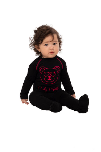 Stretchie For Baby | Black Classy Heavy Cotton Hot Pink Embroidered Bear